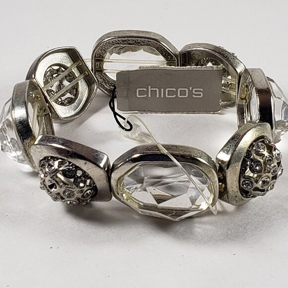 Chico’s Silver Chunky Glass Crystal Stretch Bracelet Roselle 7" Elegant Jewelry - Picture 8 of 9